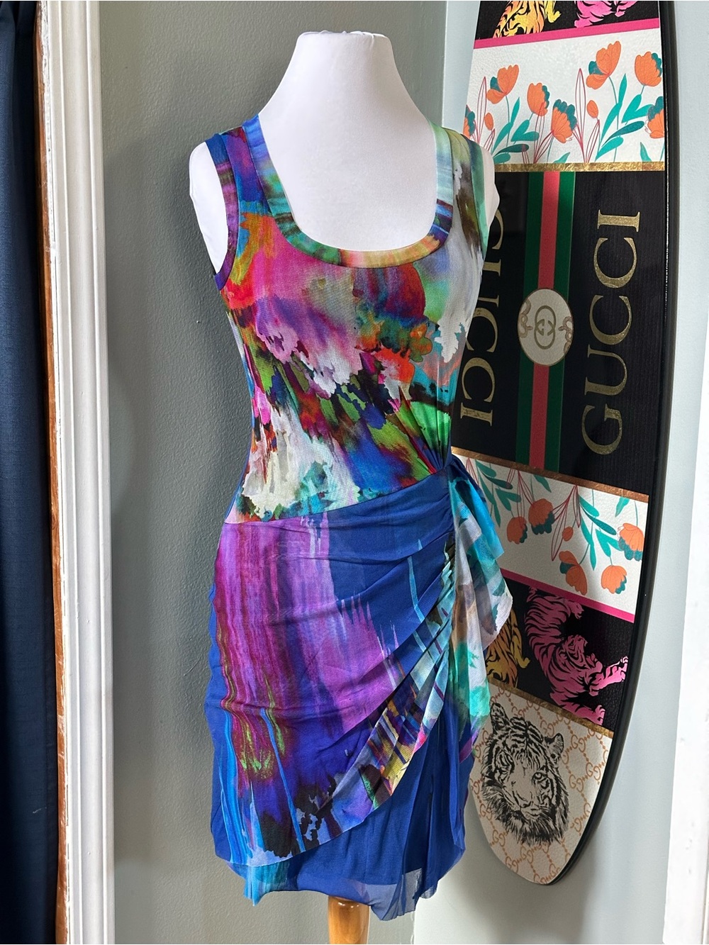 Elana Kattan Dress Watercolor Ruched Mesh Cut Out Bodycon Y2K 90s USA Made Sz XS - Picture 2 of 6